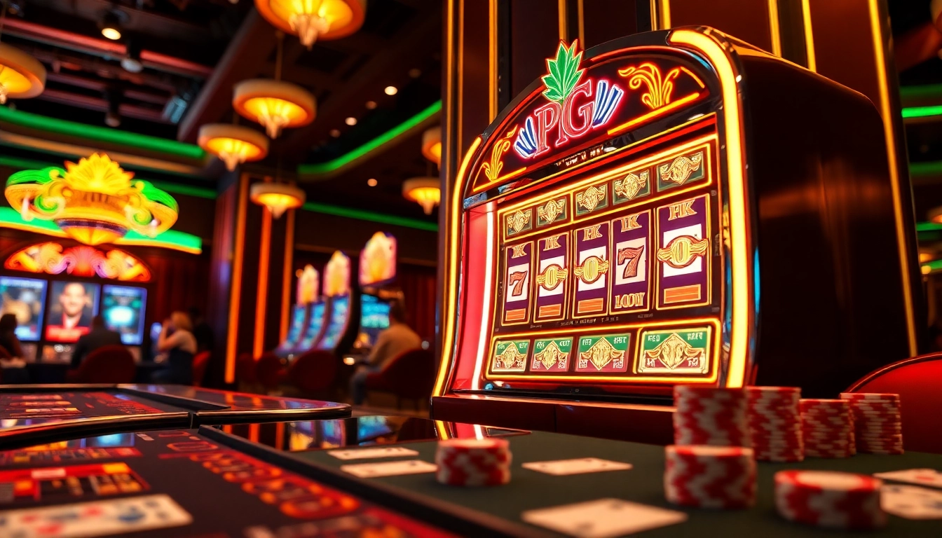 Exciting pg slot machine at a luxurious casino with vibrant lights and betting chips.
