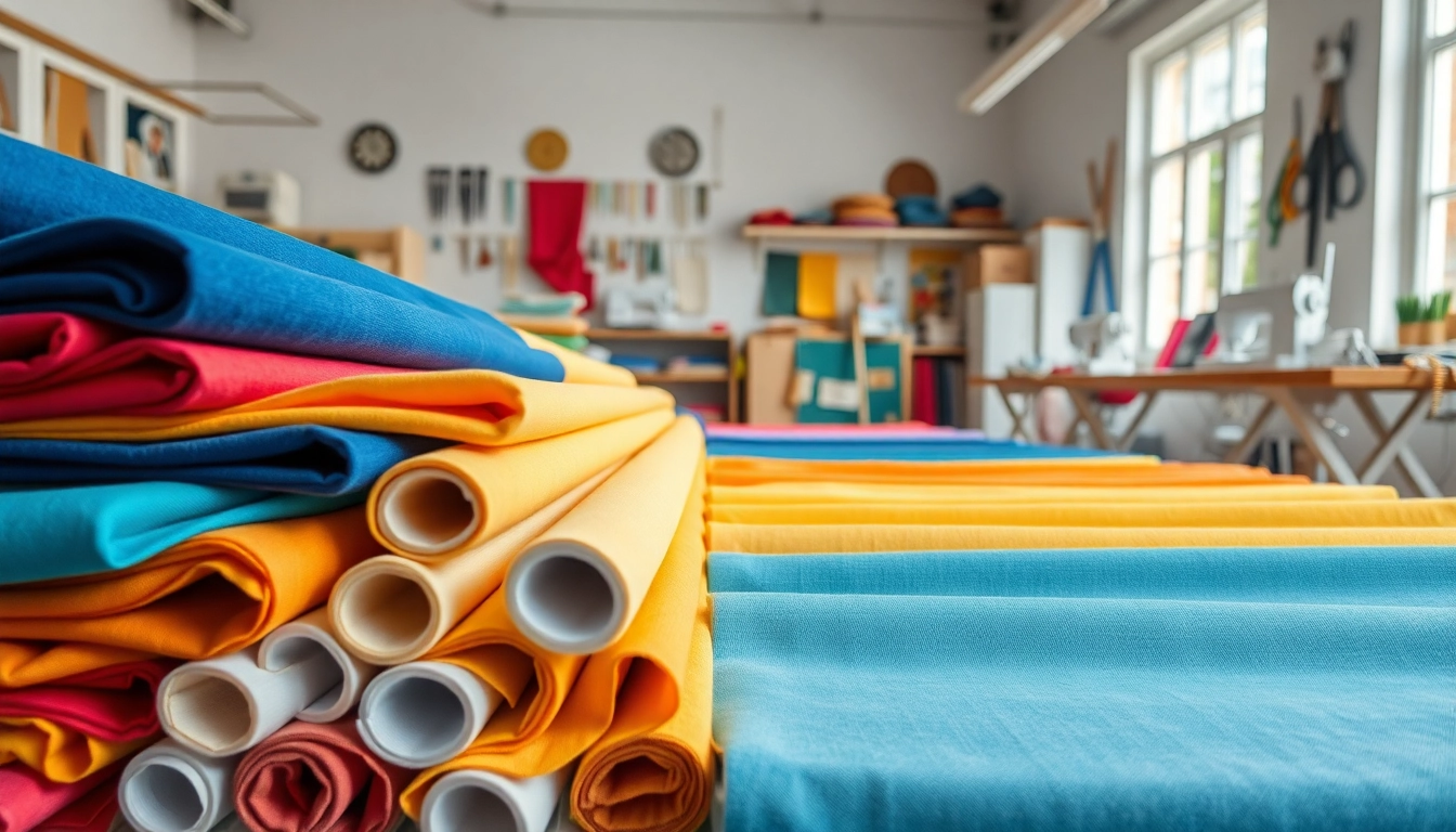 Bekijk de verschillende kleuren en texturen van canvas stof per meter in een creatief atelier.