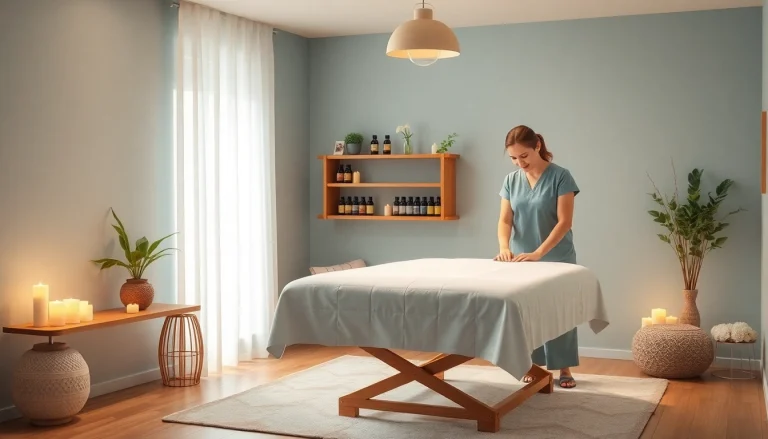 부드러운 조명과 차분한 장식이 있는 편안한 1인샵 마사지 치료실.