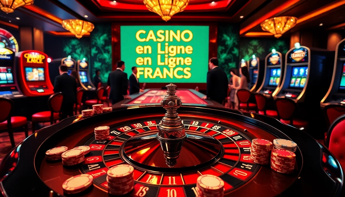 Vivez l'action palpitante du casino en ligne Français avec des joueurs à une table de roulette et des éléments de jeu vibrants.