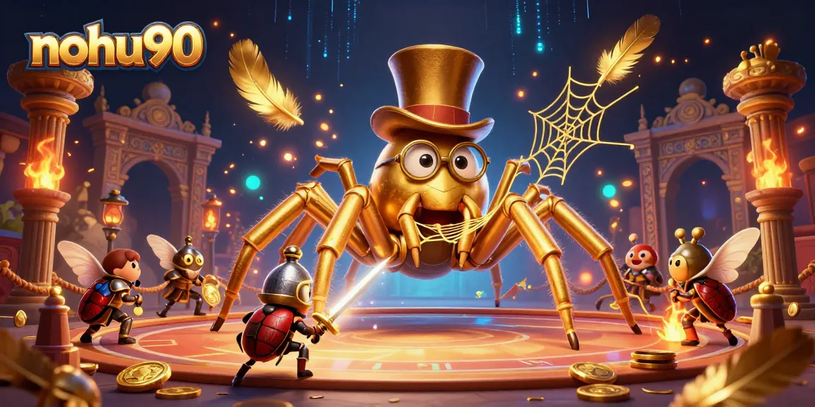 Nohu90 brings excitement to online play as a golden tarantula weaves threads of luck in a vibrant casino scene.