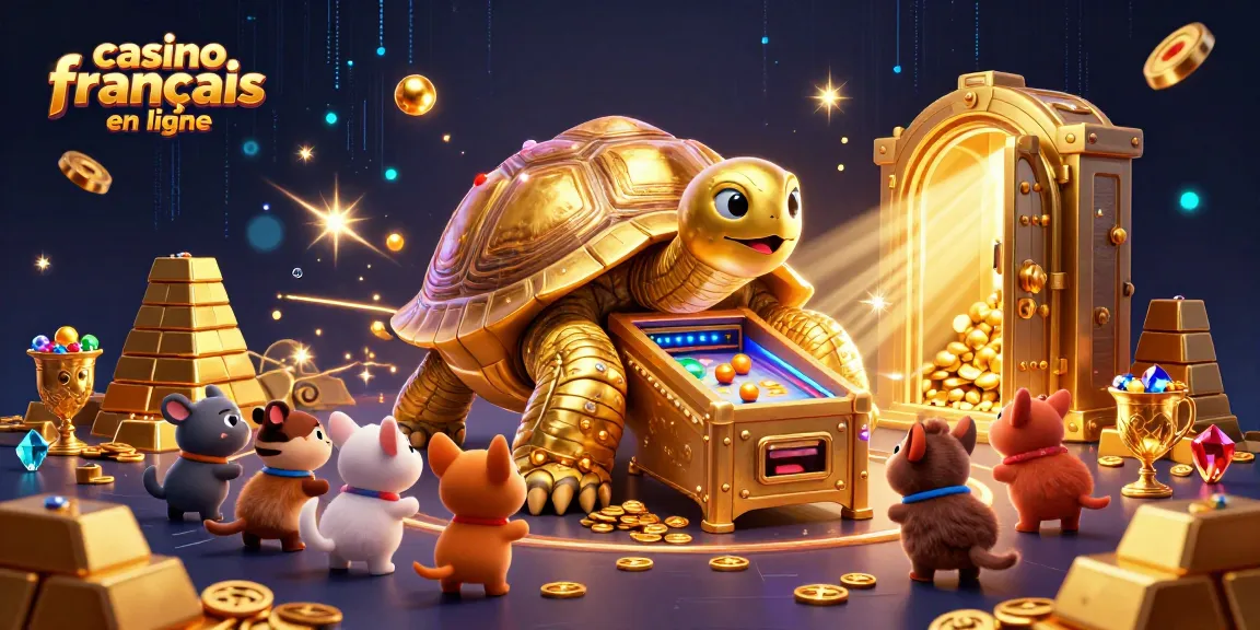 Jouez à casino français en ligne avec une illustration 3D riche et colorée de tortue et trésors.
