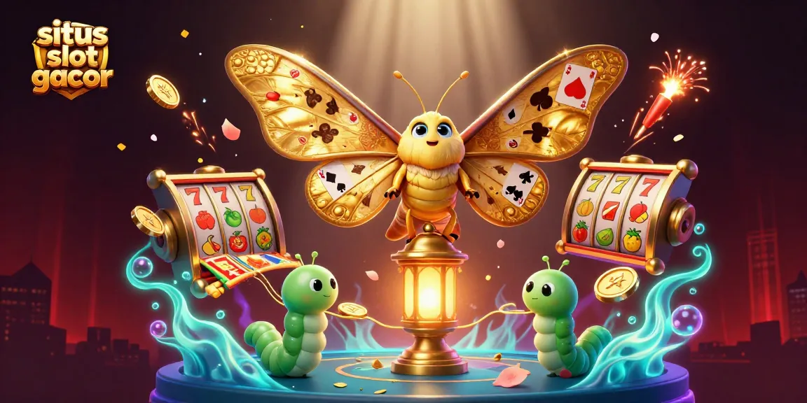 Engage players with situs slot gacor revealing golden-winged moths and vibrant slot game elements.