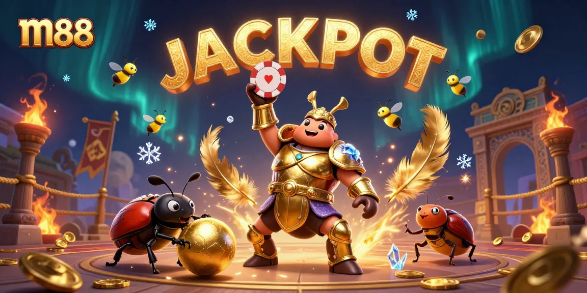 Experience thrilling wins at m88 with a victorious beetle lifting a poker chip amidst a vibrant casino scene.