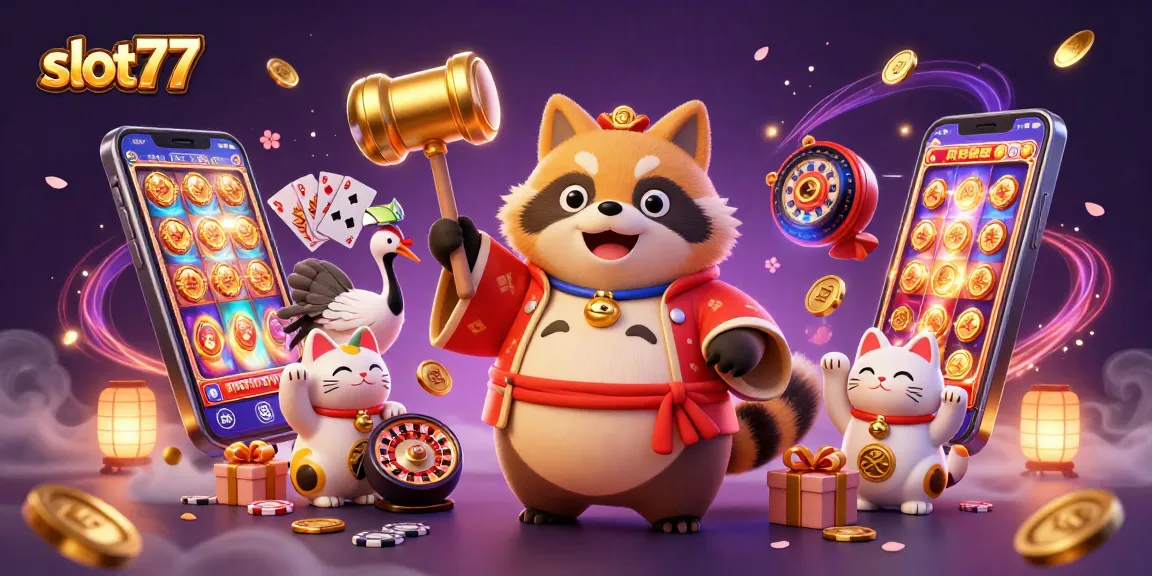 Spin and win at slot77 with cheerful tanuki and lucky charms in a vibrant casino scene.
