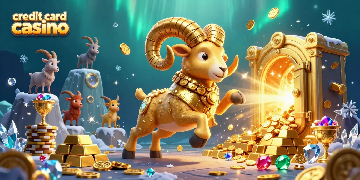 Win big at credit card casino with a golden ram and treasures amidst a vibrant gaming scene