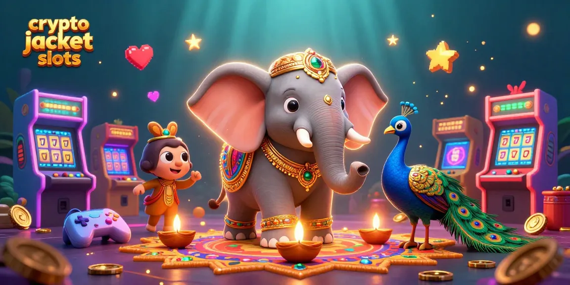 Experience thrilling crypto jackpot slots with a vibrant 3D cartoon scene of an elephant and peacock surrounded by dynamic game elements.