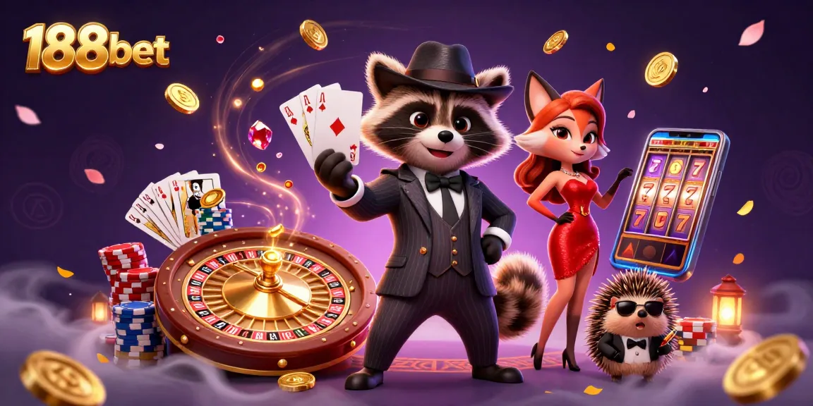 Experience 188bet excitement with a suave raccoon, a charming fox, and dazzling casino elements.