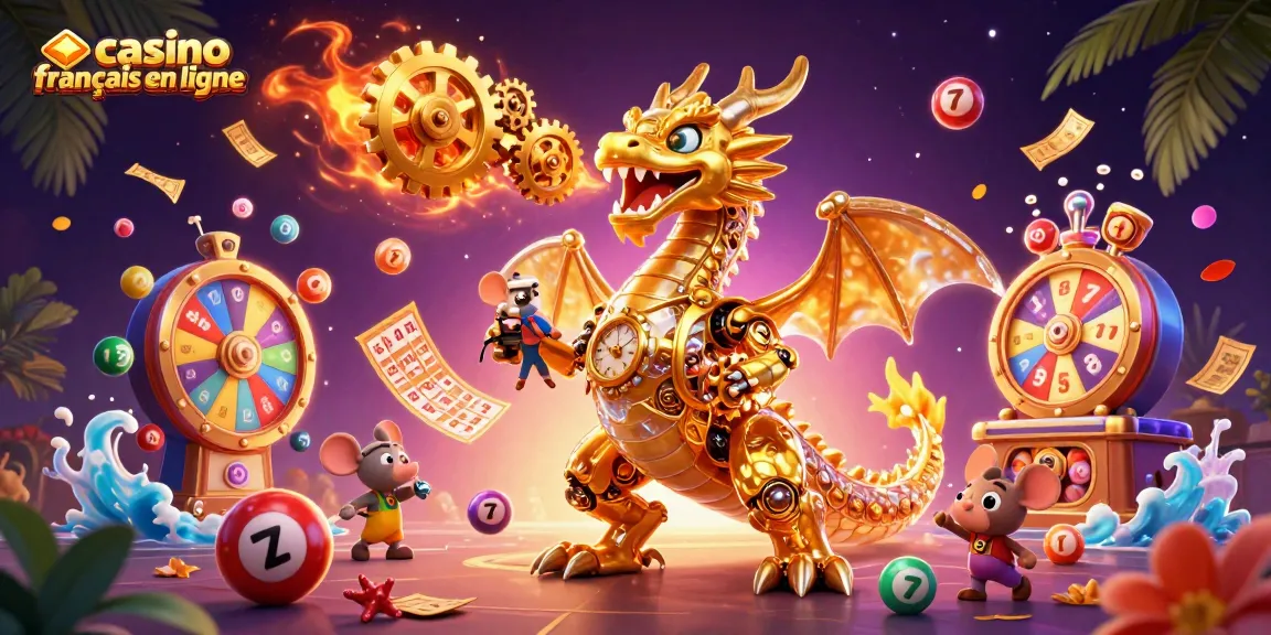 Venez jouer au casino français en ligne avec une illustration dynamique de jeux et de trésors.