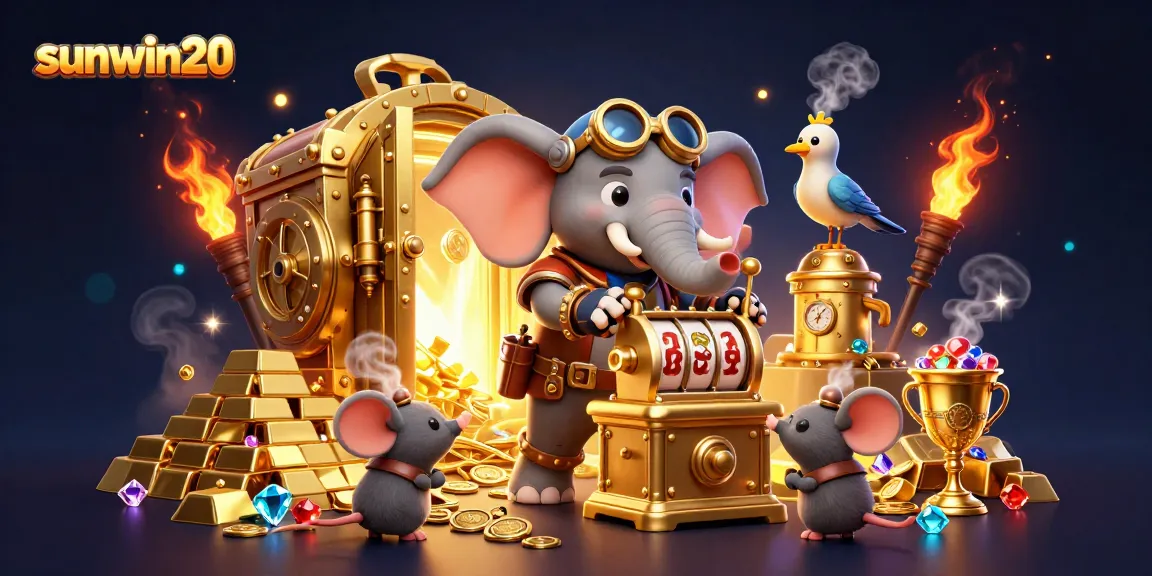 Spin the sunwin20 golden slot machine with joyfully mechanical characters in a dazzling casino.