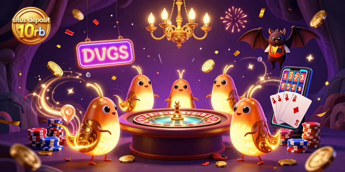 Engage in situs deposit 10rb excitement with vibrant glowworms lighting a lively casino scene featuring colorful poker chips and a spinning roulette wheel.