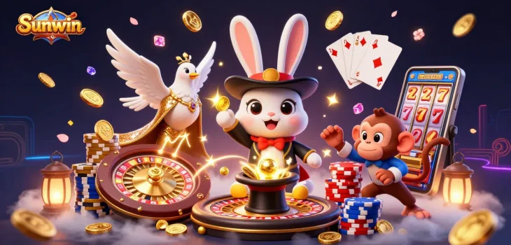 Sunwin's charismatic magician rabbit conjures golden coins amid casino excitement.