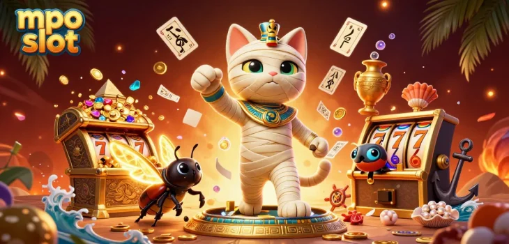Spin the mpo slot and win big with the Egyptian mummy cat and scarab beetle in action!