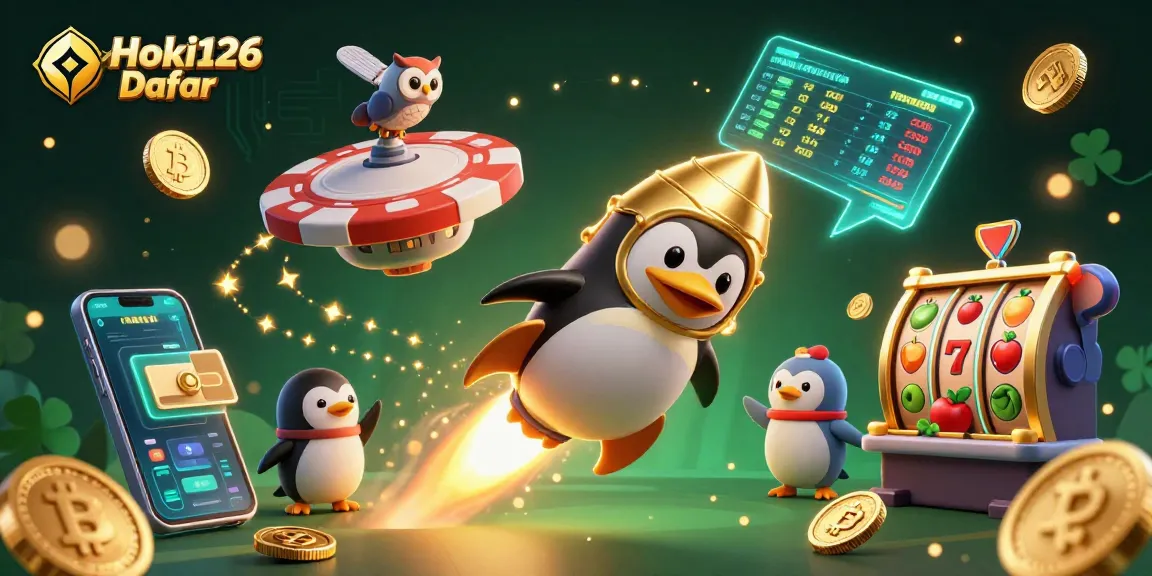 Engage with Hoki126 Daftar in an exciting space-themed casino adventure featuring a golden penguin.