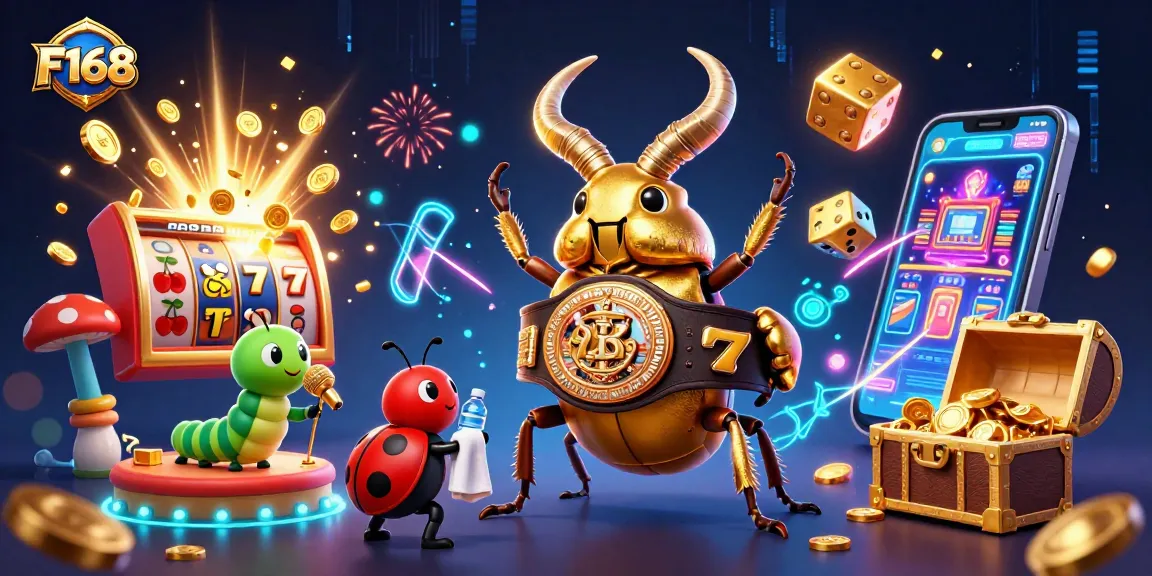 Engage with F168's dynamic gaming scene featuring exciting slot machines and animated characters.