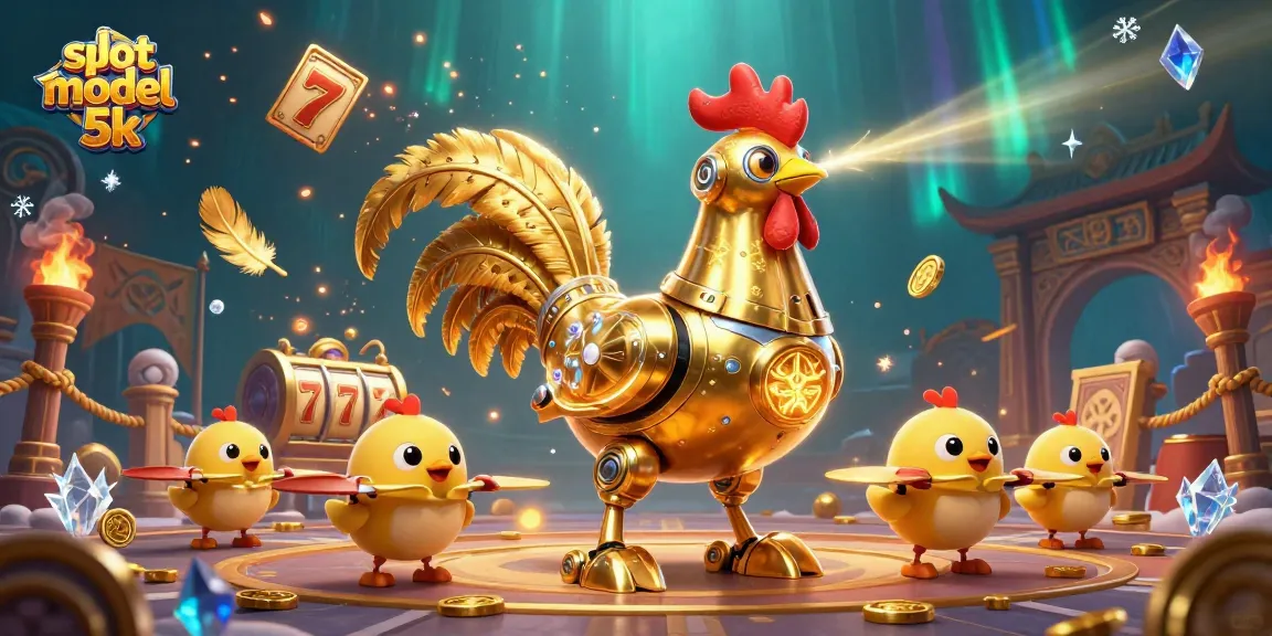 Engage in exciting action with the slot modal 5k featuring a golden rooster robot and vibrant casino elements.