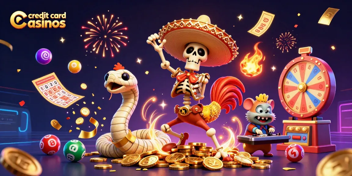 Experience vibrant celebrations at credit card casinos with lively characters amidst festive game elements.