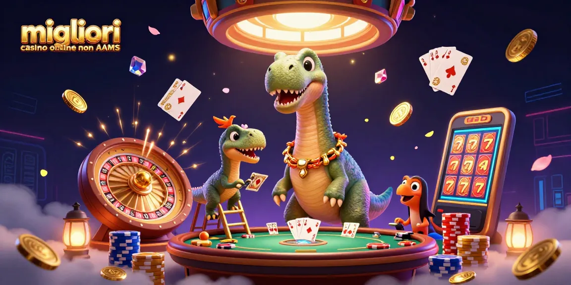 Scopri i migliori casino online non AAMS con la nostra illustrazione vivace e coinvolgente che mette in evidenza un brontosauro nelle sale di un grande casinò.