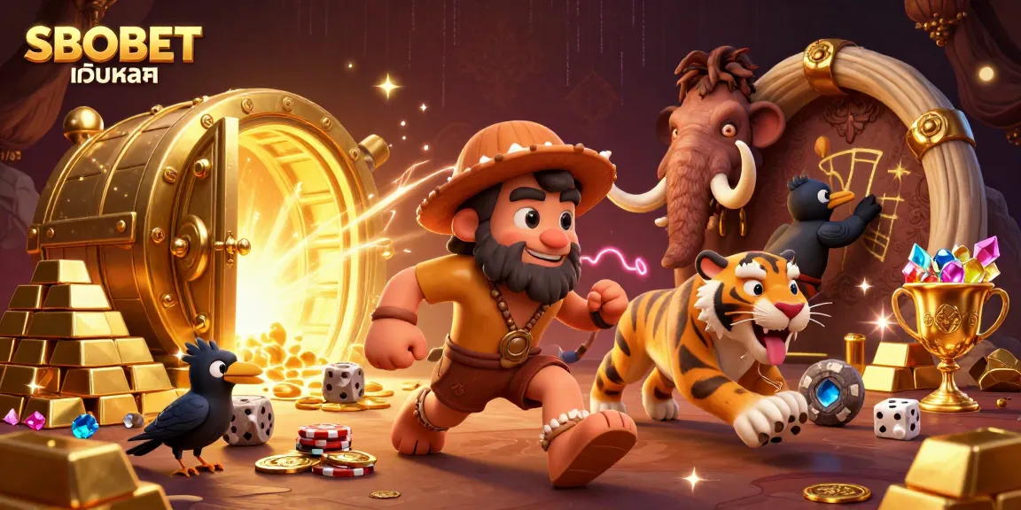 SBOBET เว็บหลัก showcases a vibrant casino scene with caveman and sabertooth tiger duo, emphasizing exciting gambling activities.