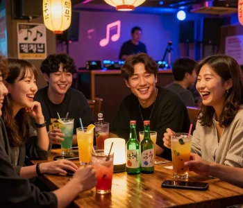 Fun vibrant scene at 상봉동 한국관나이트 with friends enjoying drinks in a lively nightlife atmosphere.