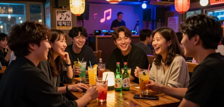 Fun vibrant scene at 상봉동 한국관나이트 with friends enjoying drinks in a lively nightlife atmosphere.