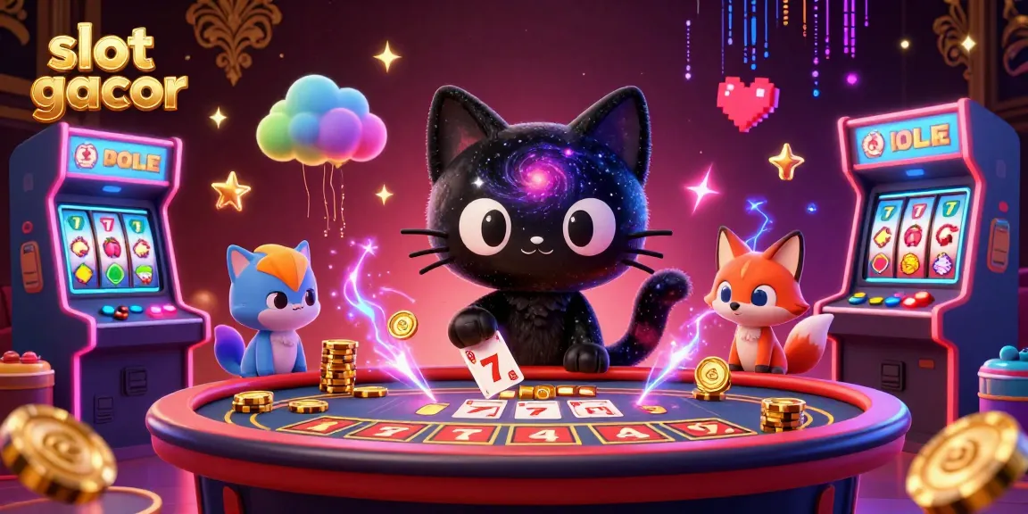 Experience slot gacor excitement with a vibrant cosmic casino scene featuring a black hole cat and colorful companions.