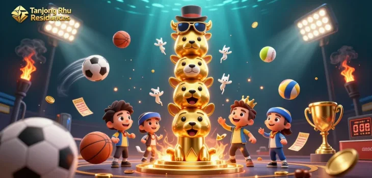 Tanjong Rhu Residences showcases animated totem pole amidst dynamic sports action, capturing vibrant casino excitement.