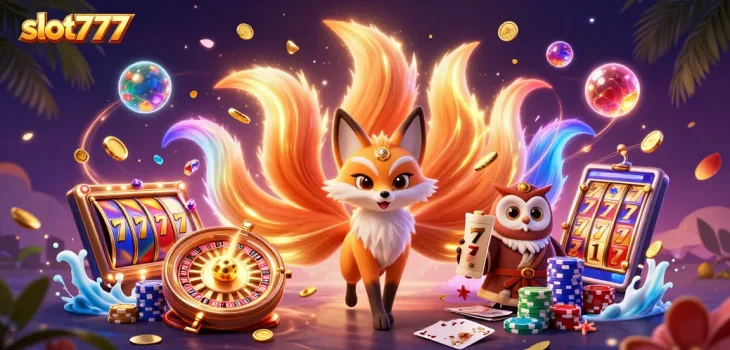 Mainkan slot777 sambil dikelilingi oleh makhluk mitologi dan koin berkilauan.