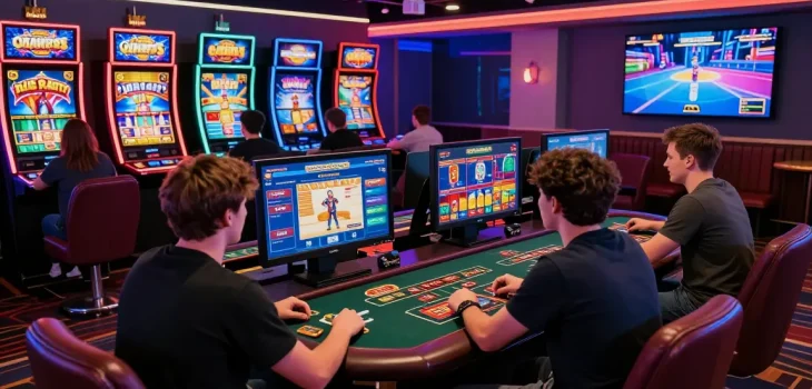 Engaged players at credit card casinos UK enjoying vibrant gaming table with exciting slot games.