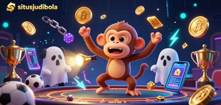 Experience situsjudibola betting excitement with a ghost-hunter puppy tracking a playful monkey in a dynamic casino scene.