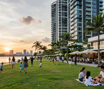 Tanjong Rhu Residences with community enjoying waterfront amenities and sunset views.