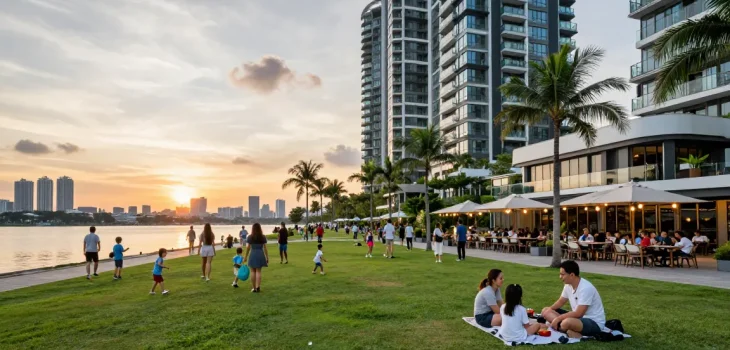 Tanjong Rhu Residences with community enjoying waterfront amenities and sunset views.
