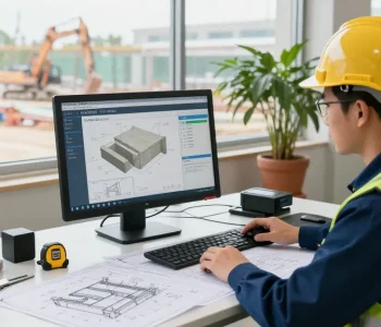 Technician using NAGA2000 software for concrete analysis in a bright industrial workspace.