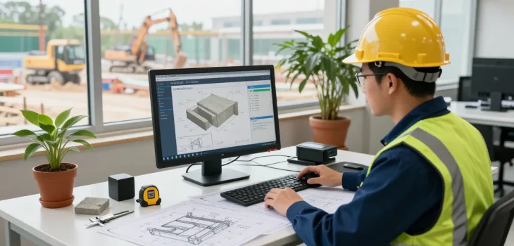 Technician using NAGA2000 software for concrete analysis in a bright industrial workspace.