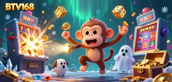 BTV168's lively casino scene with a ghost-hunter puppy tracking a playful poltergeist monkey amidst jackpot excitement.