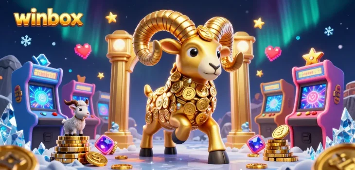 Winbox showcases a golden ram charging through a festive casino, embodying excitement and adventure.