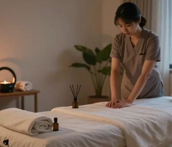 Relaxing 서울출장안마 home massage setup with essential oils, candles, and calming décor.