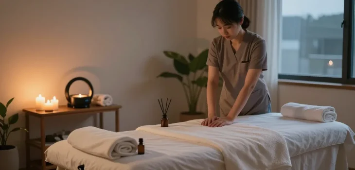 Relaxing 서울출장안마 home massage setup with essential oils, candles, and calming décor.