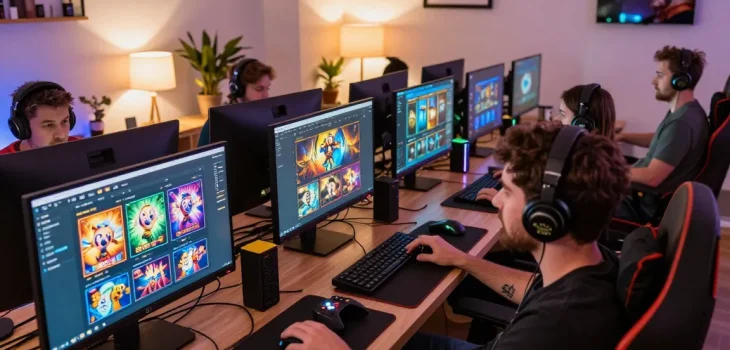 Players enjoying various non UK slot sites at home, vibrant game displays and cozy atmosphere.