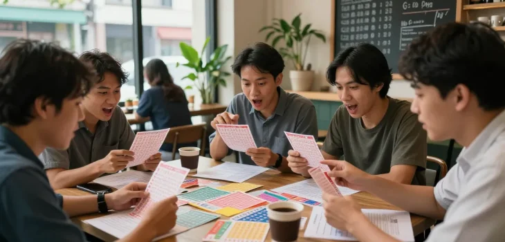 Sejumlah pemain lotere antusias membahas angka untung di kafe, menampilkan tiket dan strategi dalam suasana hangat.