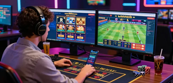 Exciting gaming setup showcasing link alternatif raja328 with vibrant online betting games, modern desk and energy drinks.