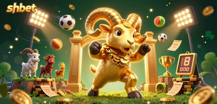 Engage with the thrilling world of shbet as a golden ram charges through a vibrant casino scene, packed with sports elements!